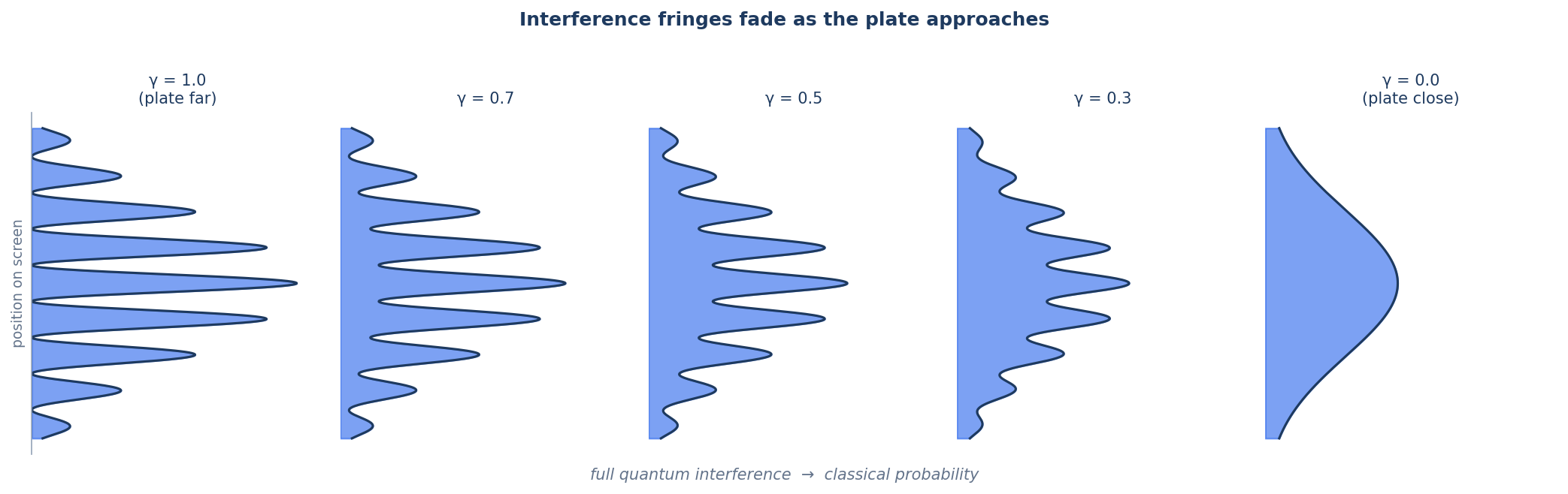 Five interference patterns showing fringes fading from full visibility at γ=1.0 to no fringes at γ=0.0, demonstrating the smooth quantum-to-classical transition.